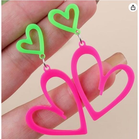 Neon Pink Open Heart Dangles from a Neon Green Open Heart - Picture 4 of 6
